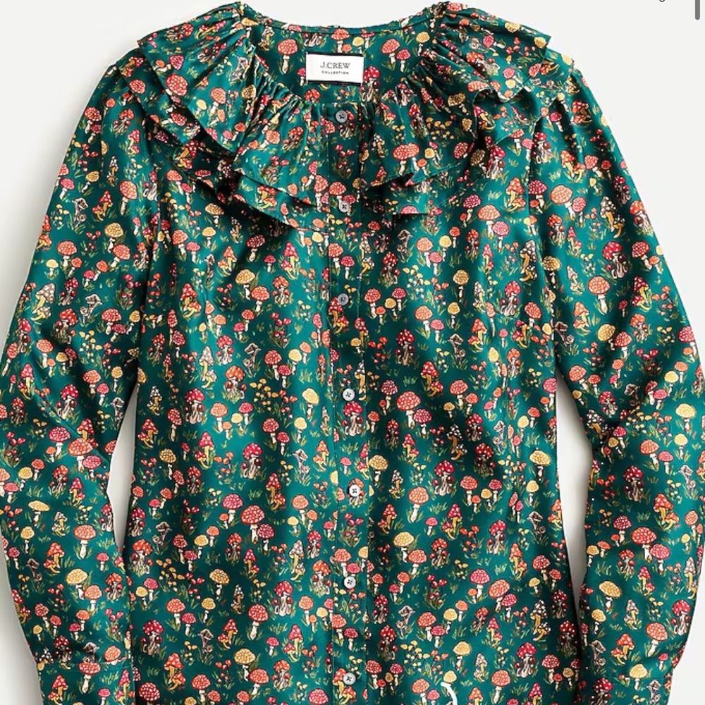 J. Crew Collection Forest Green Silk Blouse with Mushroom Pattern XS